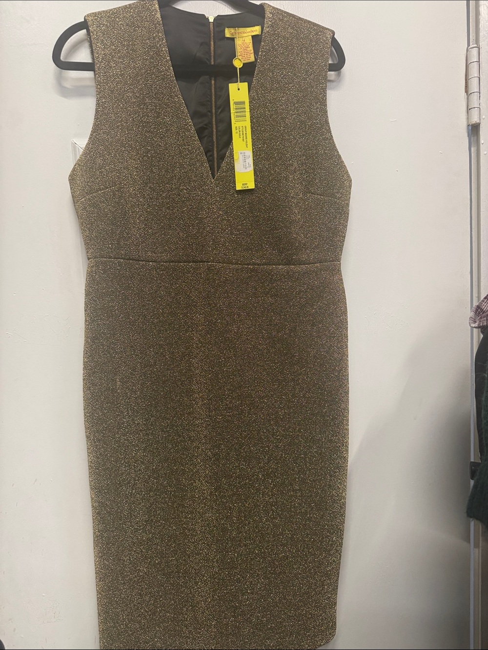Catherine Malandrino Metallic Gold V-Neck Midi Dress
